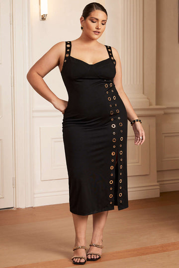 Plus Size Metallic Eyelet High Slit Sleeveless Maxi Dress