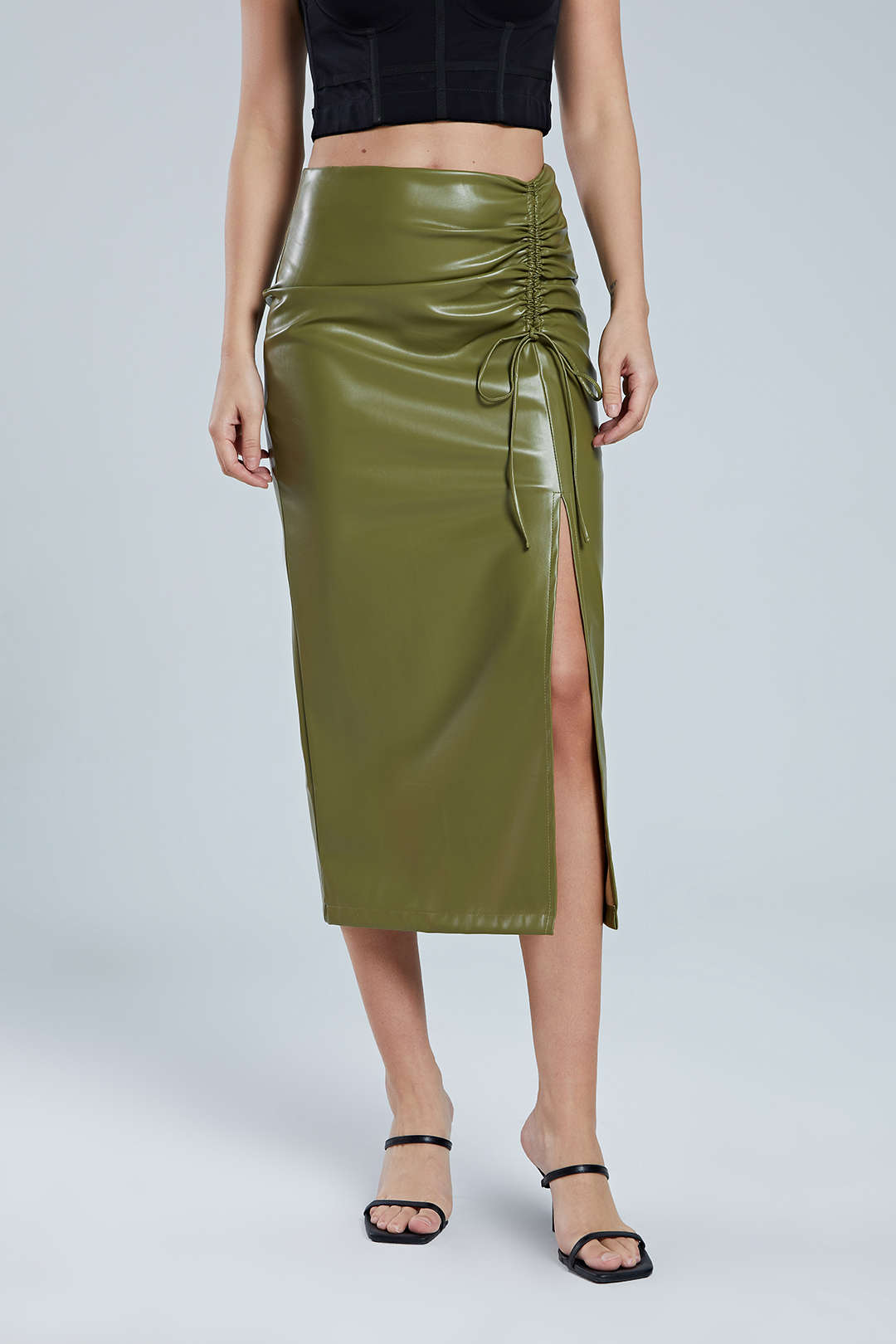 Faux Leather Drawstring Slit Skirt