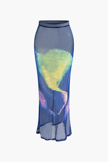 Abstract Print Mesh Crop Top And High Waist Slit Maxi Skirt Set