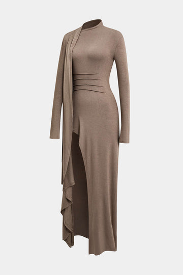 Mock Neck Wrap Ruched Kmiem twal Slit Maxi Dress