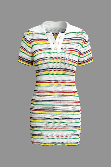 Stripe Collar Crochet Open Knit Mini Dress