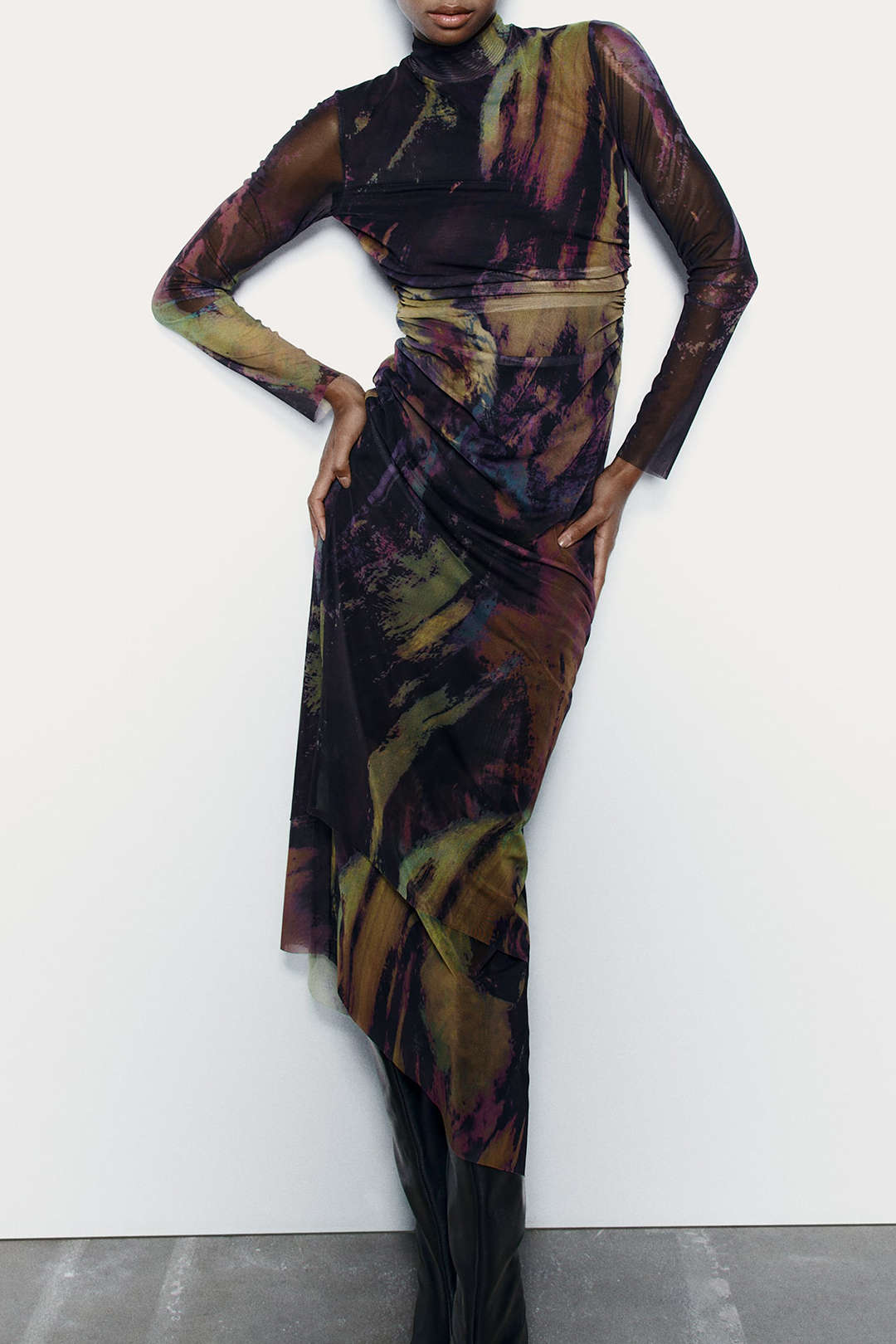 Abstract Print Cut Out Asymmetrical Hem Mesh Maxi Dress