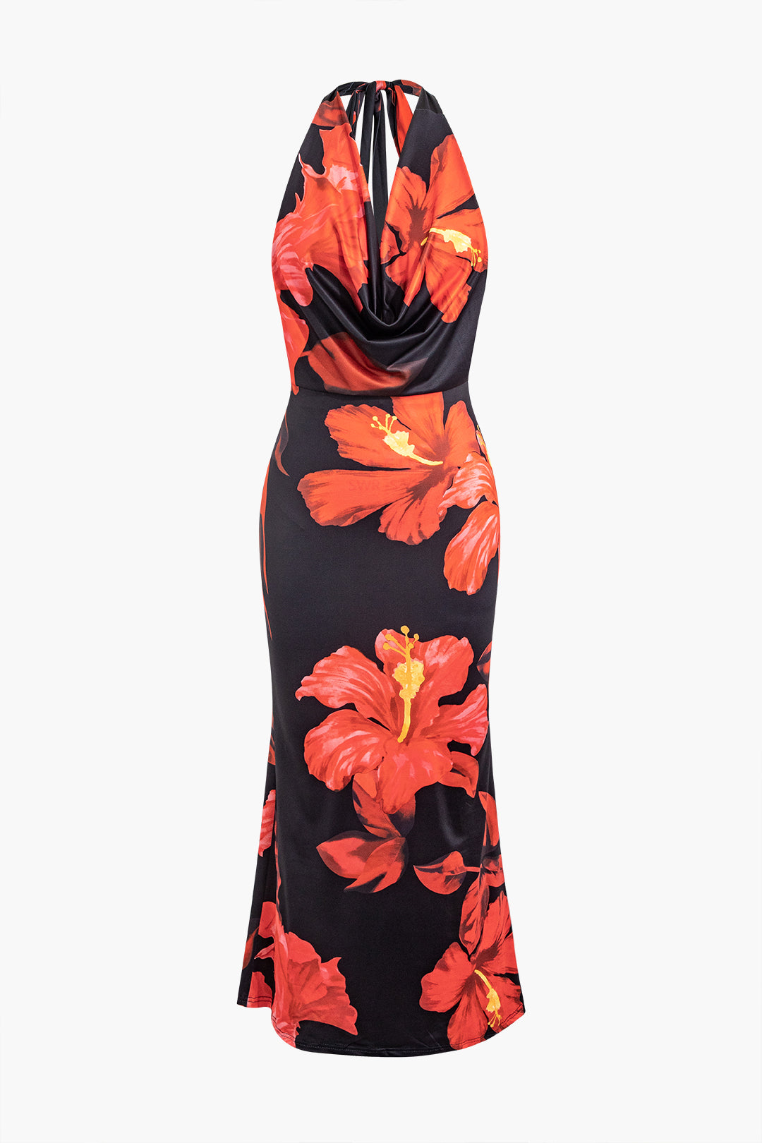 Floral Print Cowl Neck Halter Maxi Dress