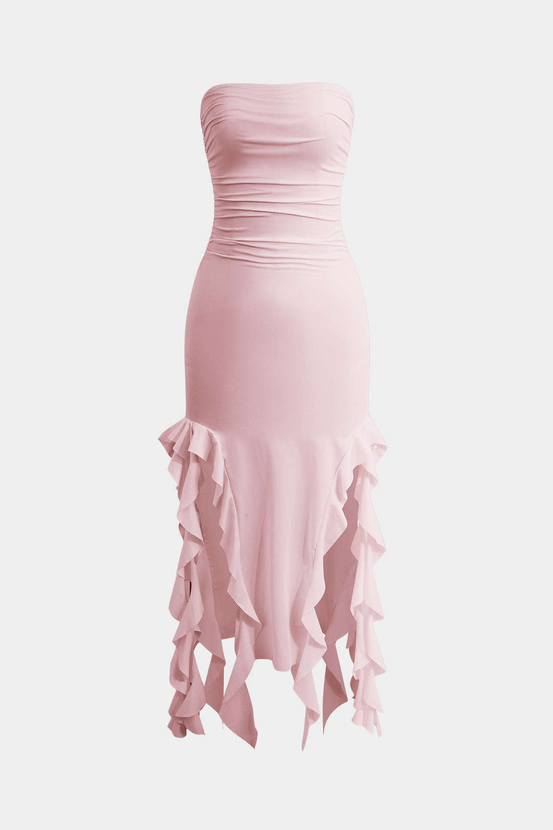 Solid Ruffle Hem Ruched Tube Maxi Dress