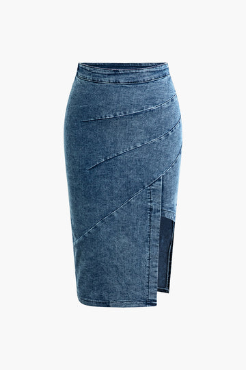 Denim Zipper Crop Tank Top And Pencil Split Skirt Set
