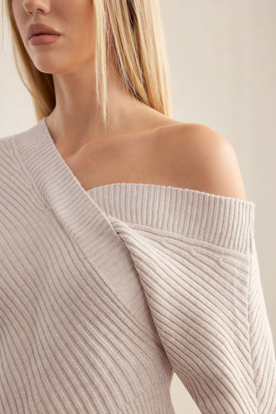 Knit Asymmetrical V-Neck Long-Sleeve Top