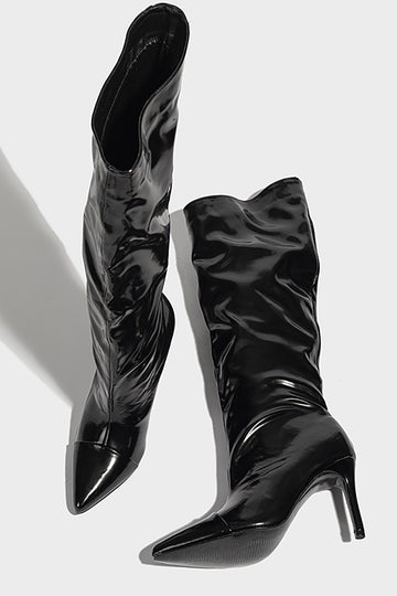 Patent Leather Knee High Pointed Heeled Boots