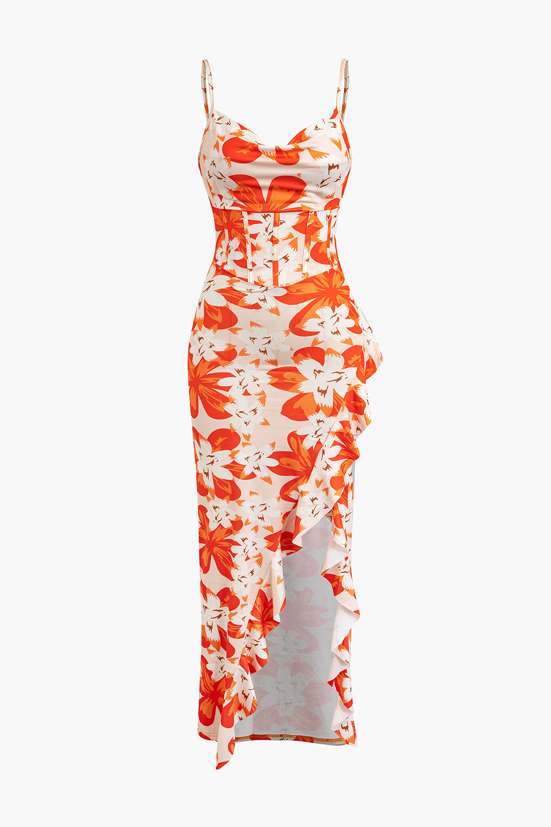 Floral Print Cowl Neck Slit Cami Maxi Dress