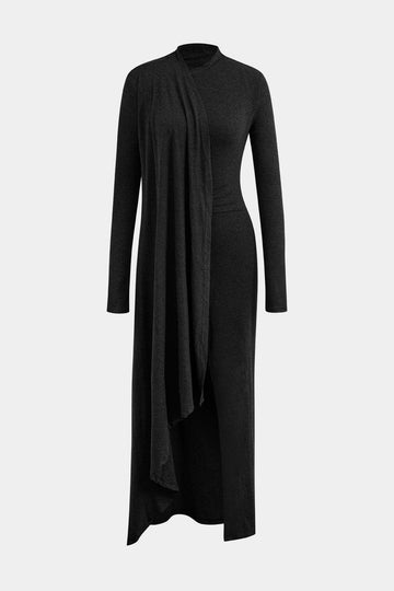 Mock Neck Wrap ruches Maxi -jurk met lange mouwen