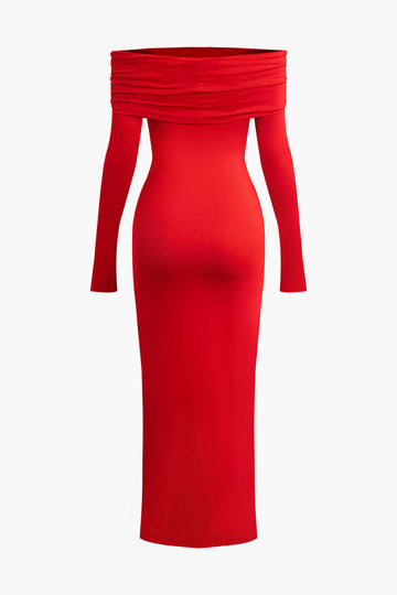 Off-Shoulder Long Sleeve Slit Maxi Dress