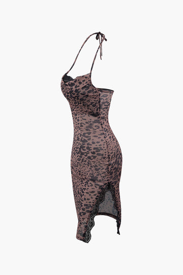 Leopard Print Lace Trim Mesh Halter Mini Dress