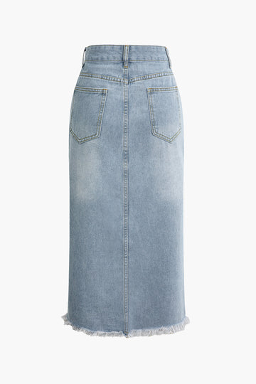 Asymmetrical Frayed Hem Slit Denim Midi Skirt