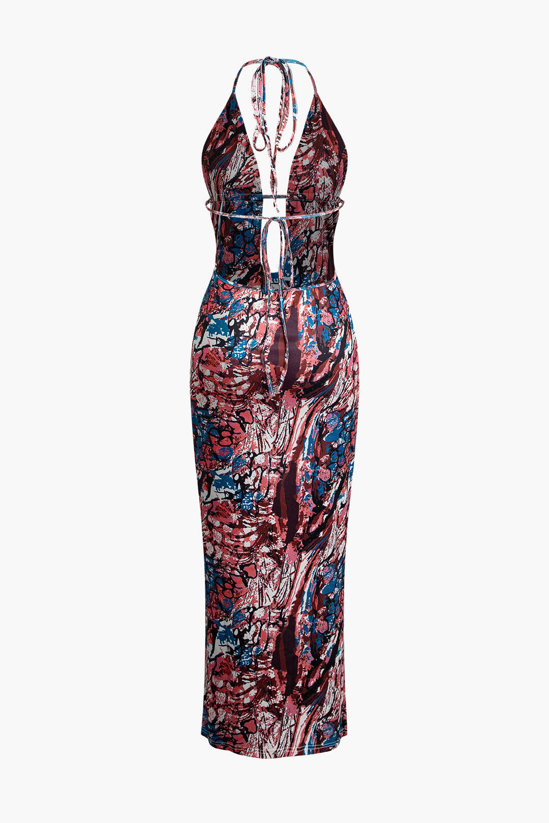 Abstract Print Tie Halter Backless Deep V-neck Maxi Dress