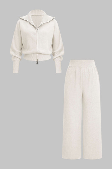 Knit Zipper Long-Sleeve Hoodie And Shirred Waistband Zipper Wide Leg Pants Set