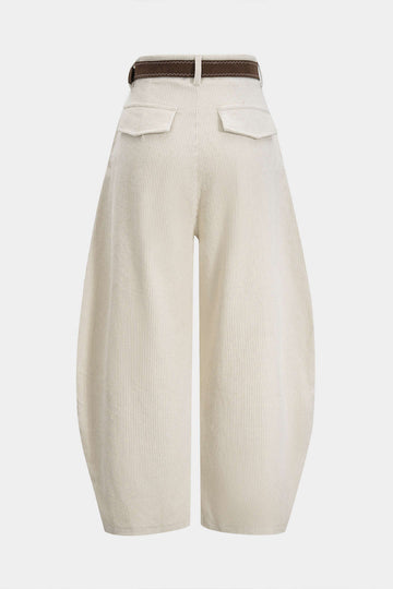 Corduroy Belted Ruched High Waist Wide Leg Pants