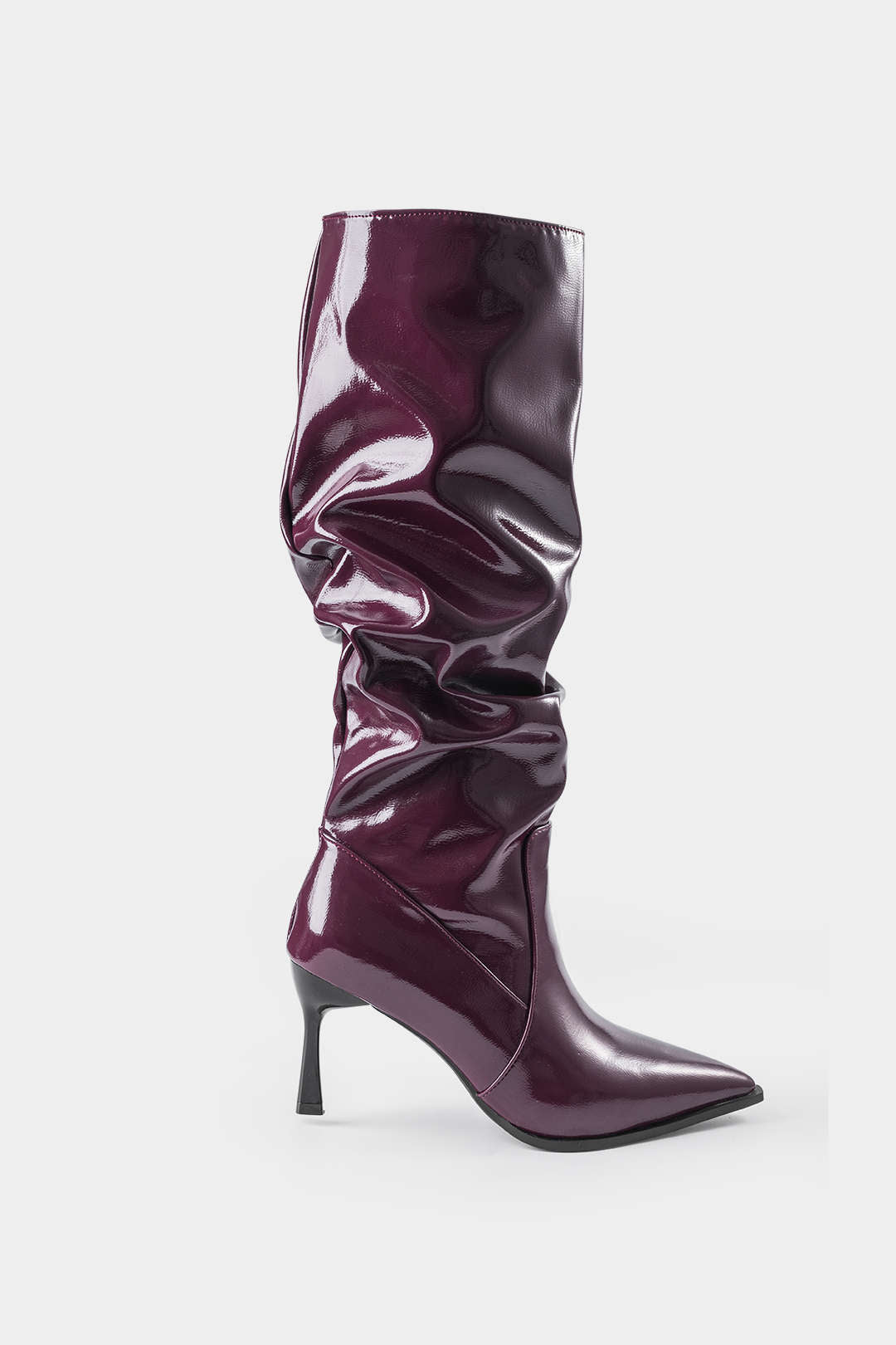 Faux Leather Ruched Pointed Toe Knee High Boots