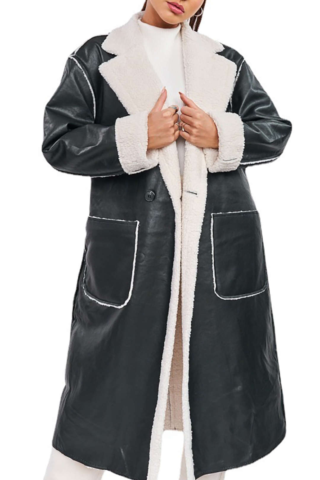 Faux Leather Fleece Notched Lapel Long Sleeve Coat