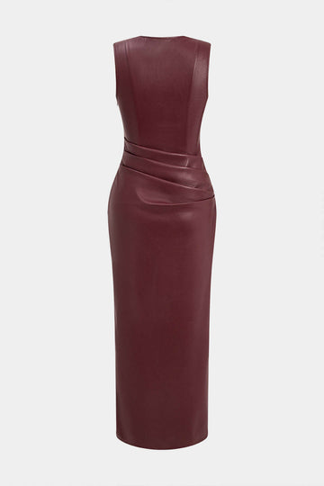 Faux Δερμάτινο V-Neck Ruched Maxi Φόρεμα