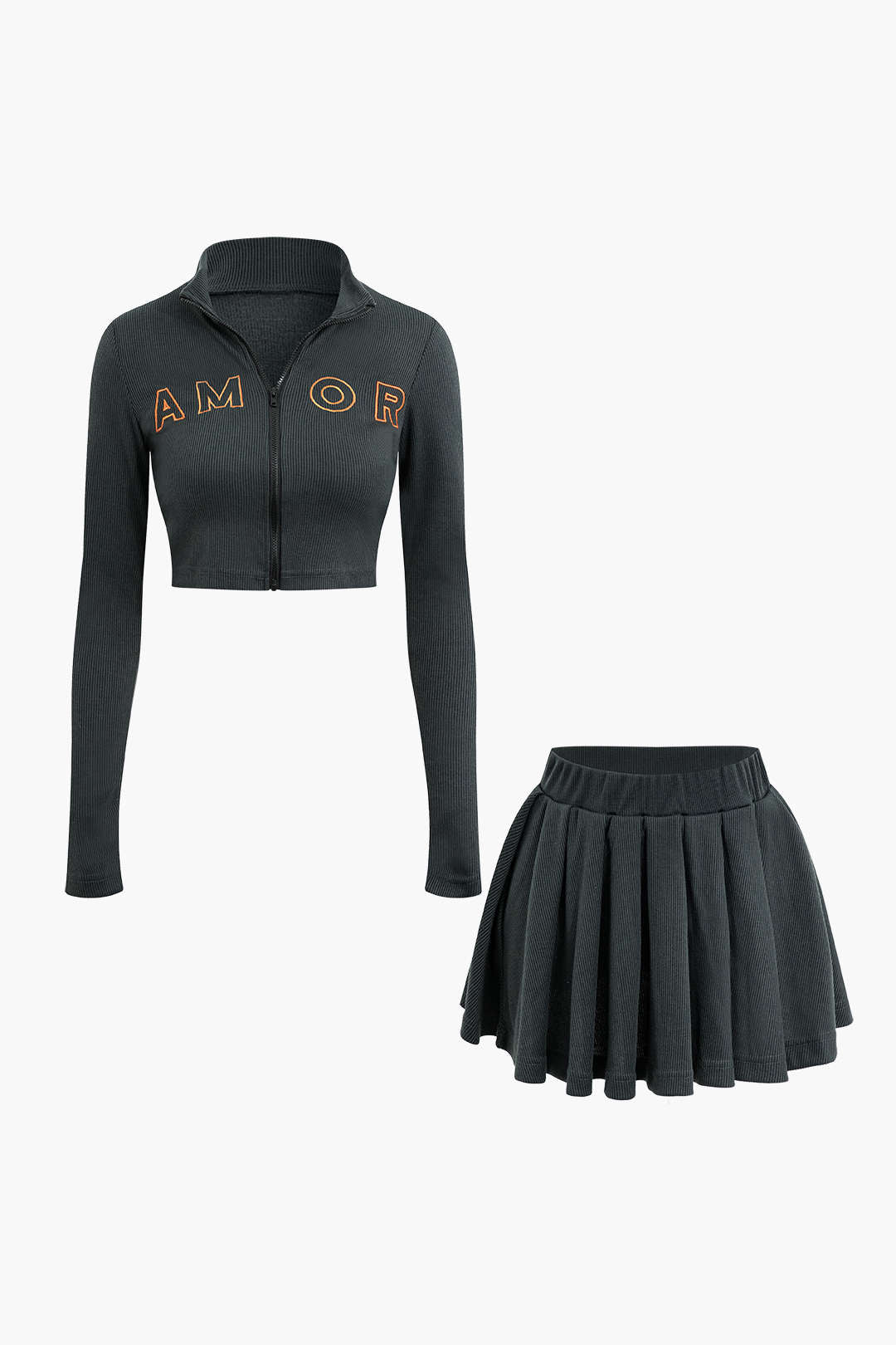 Letter Embroidered Rib Knit Stand Collar Zipper Crop Cardigan And Pleated Mini Skirt Set