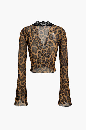 Leopard Print Mesh Lace Long-Sleeve Blouse