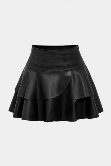 Solid Faux Leather Asymmetrical Layer Skirt