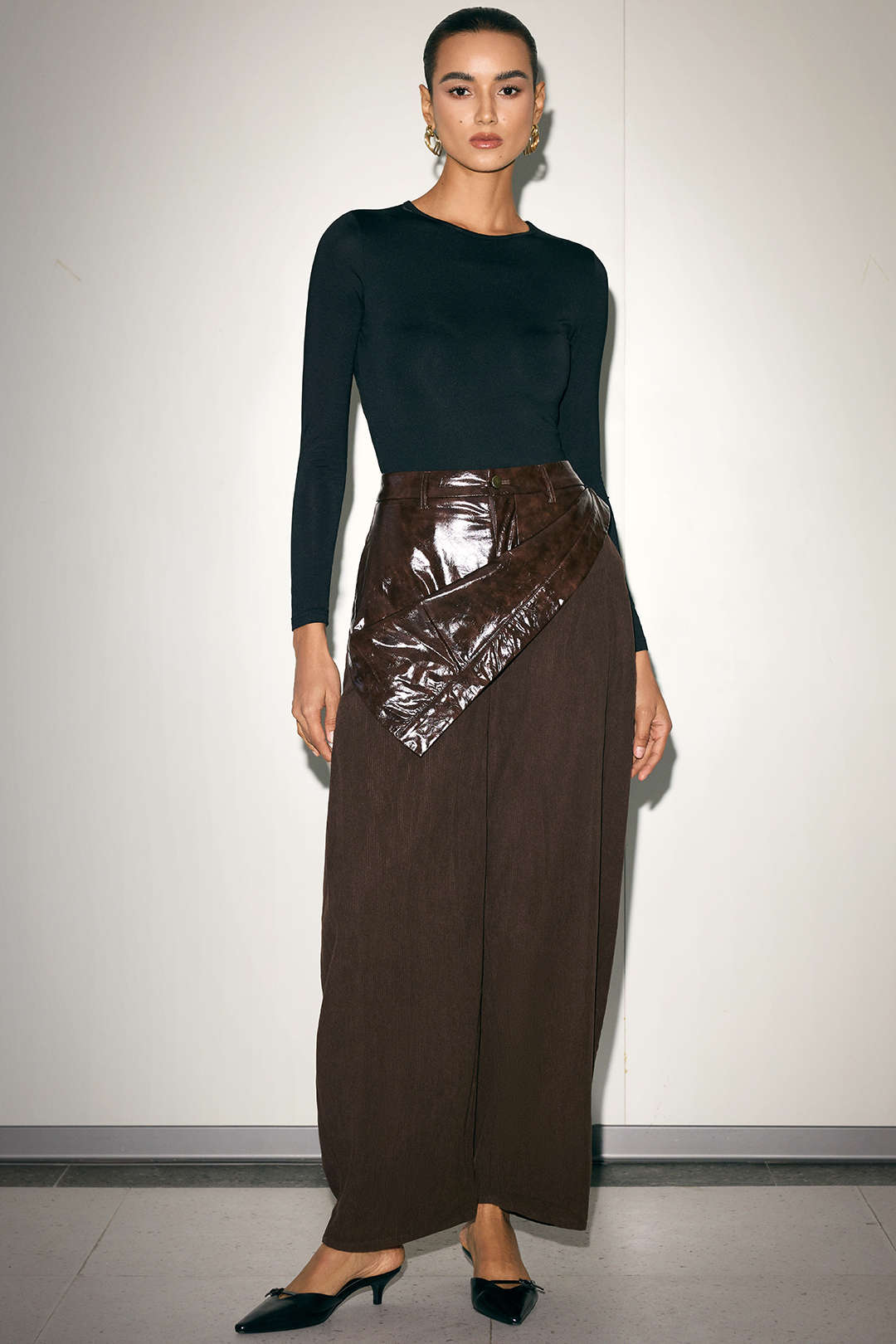 Faux Leather Patchwork Zipper Wide Leg Pocket Barrel Trousers