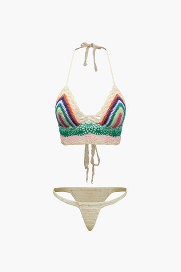 Rainbow Crochet Halter Bikini And Skirt 3pc Set