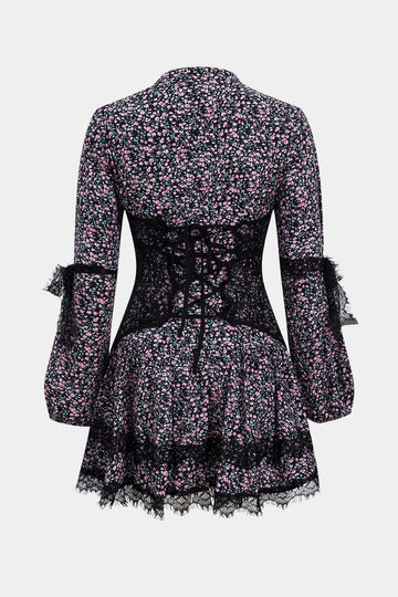 Ditsy Floral Print Lace Trim Corset Long Sleeve Mini Dress