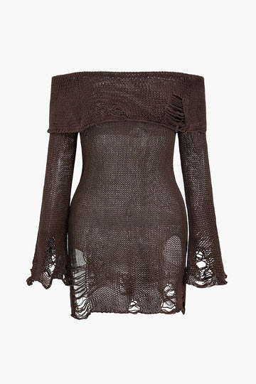 Off The Shoulder Ripped KnitLong Sleeve Mini Dress