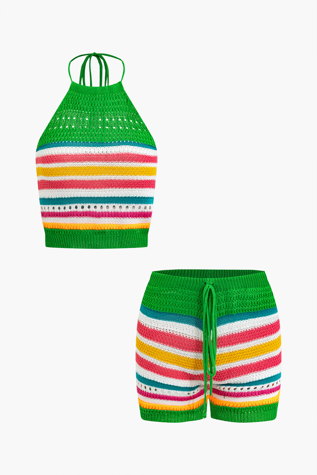 Striped Crochet Halterneck Knit Shorts Set