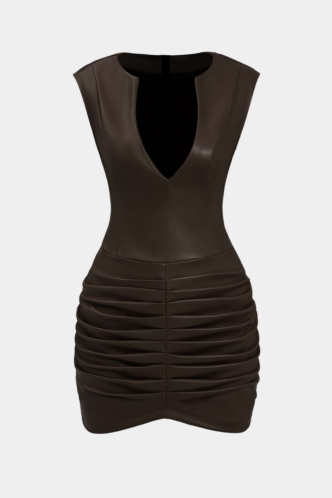 Ruched Faux Leather V-Neck Bodycon Mini Dress Micas Ruched Faux Leather V-Neck Bodycon Mini Dress Micas