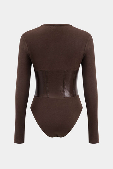 Patchwork Faux Leather Long Sleeve Bodysuit