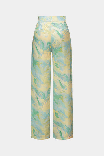 Broek met rechte pijpen en hoge taille met marmeren print