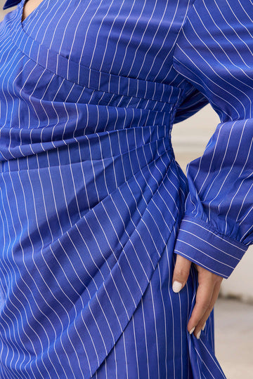 Plus Size Stripes Print Crossed Ruched Smocked Long Sleeve Mini Dress