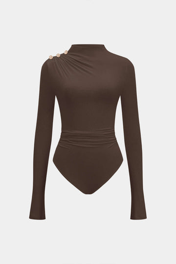 Asymmetrical Button Ruched Long Sleeve Bodysuit