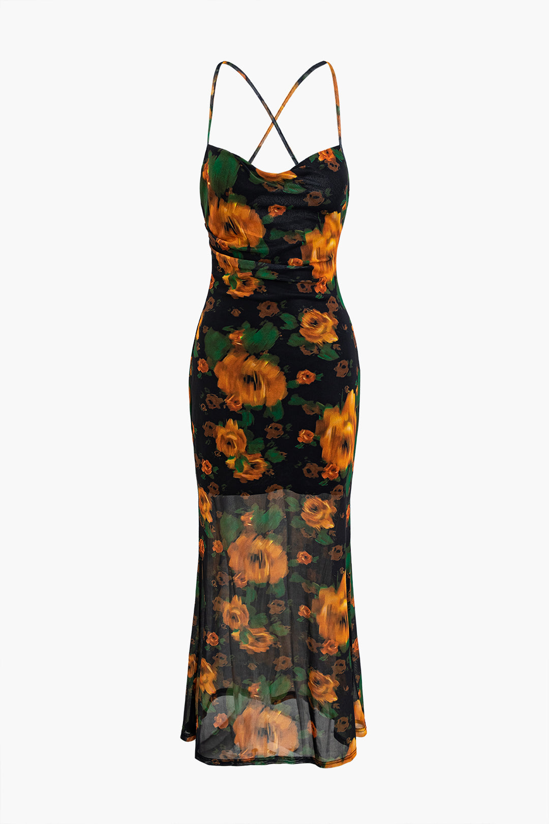 Criss Cross Sunflower Print Sheer Overlay Midi Dress