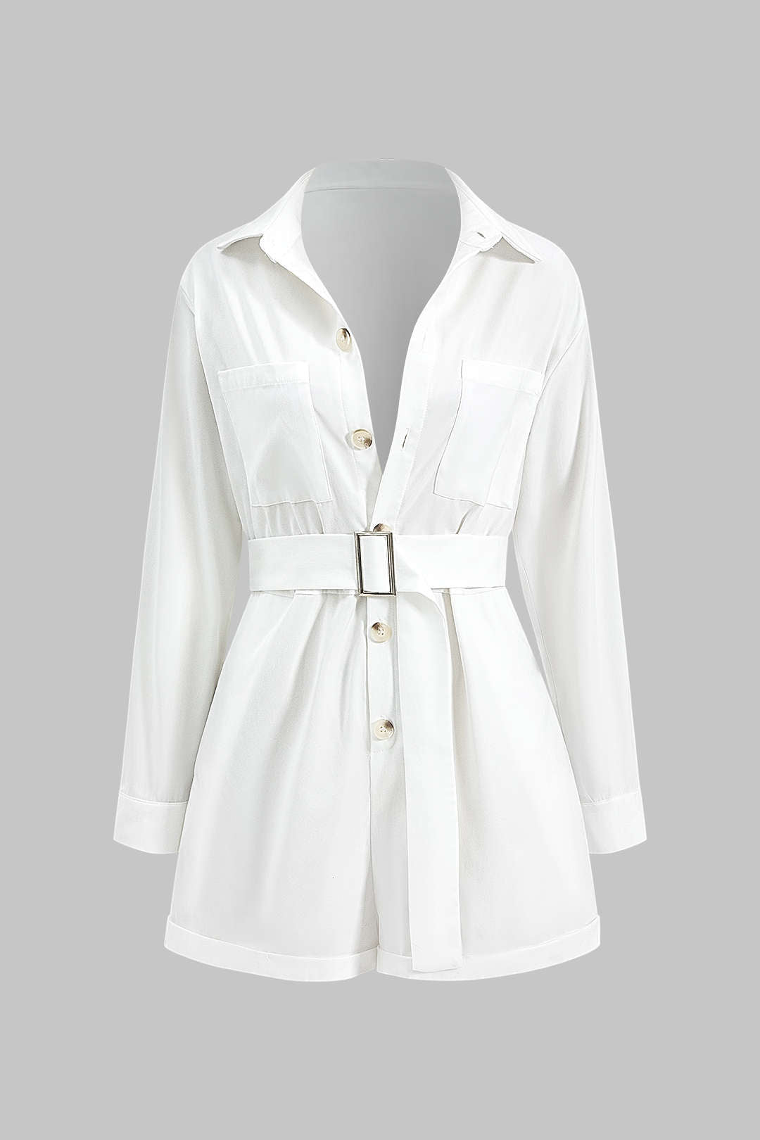 Pleated Belted Pocket Button Long Sleeve Romper