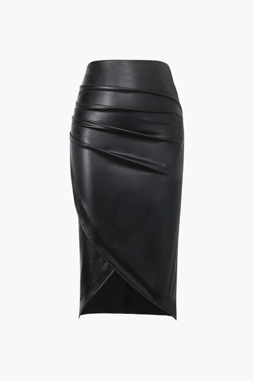 Faux Leather Wrap Ruched Midi Skirt