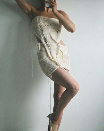 V-Shape Knit Strapless Top And Foldover Mini Skirt Set