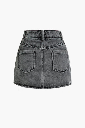 Belt Detail Flap Pocket Denim Mini Skirt