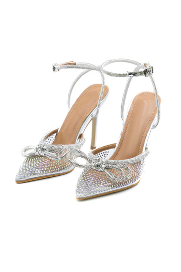 Rhinestone Bow Tie Pointed Toe Slingback High-heeled Sandals