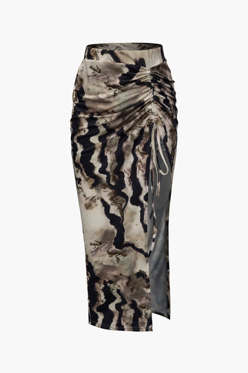 Abstract Print Drawstring Long Sleeve Top And Split Skirt Set