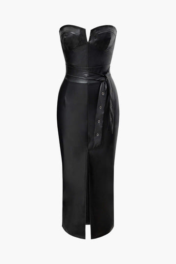 Faux Leather Strapless Slit Belted Midi Dress