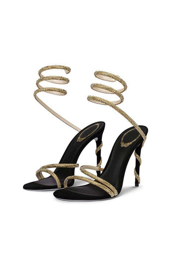Rhinestone Embellished Open Toe High-heeled Sandals With Calf Strap