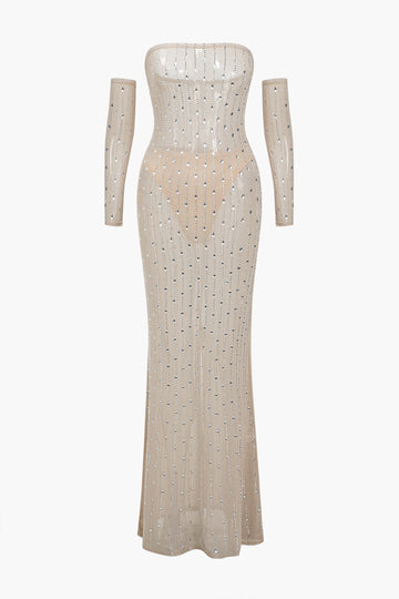 Mesh Zipper Rhinestone Maxi Φόρεμα με γάντια