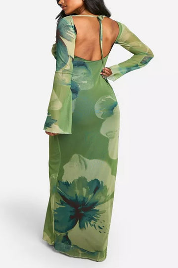 Plus Size Floral Print Backless Maxi Dress