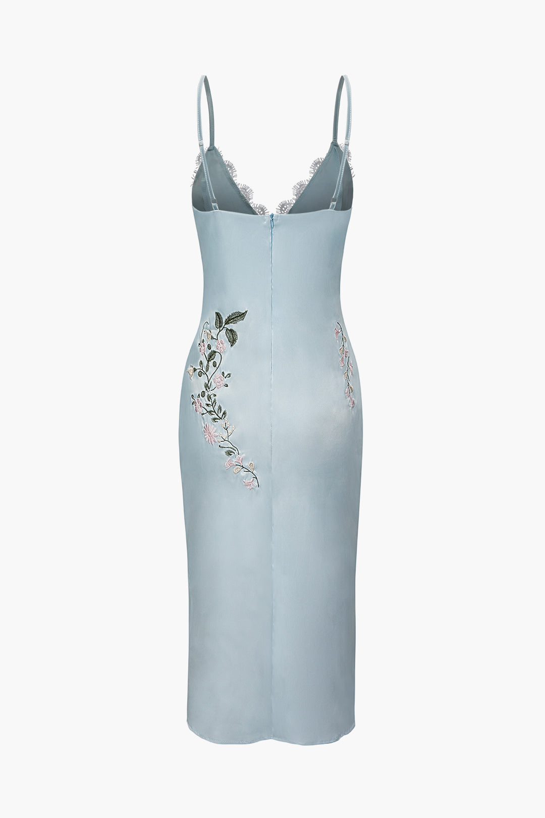 Flower Embroidery Satin Lace Trim Slip Midi Dress