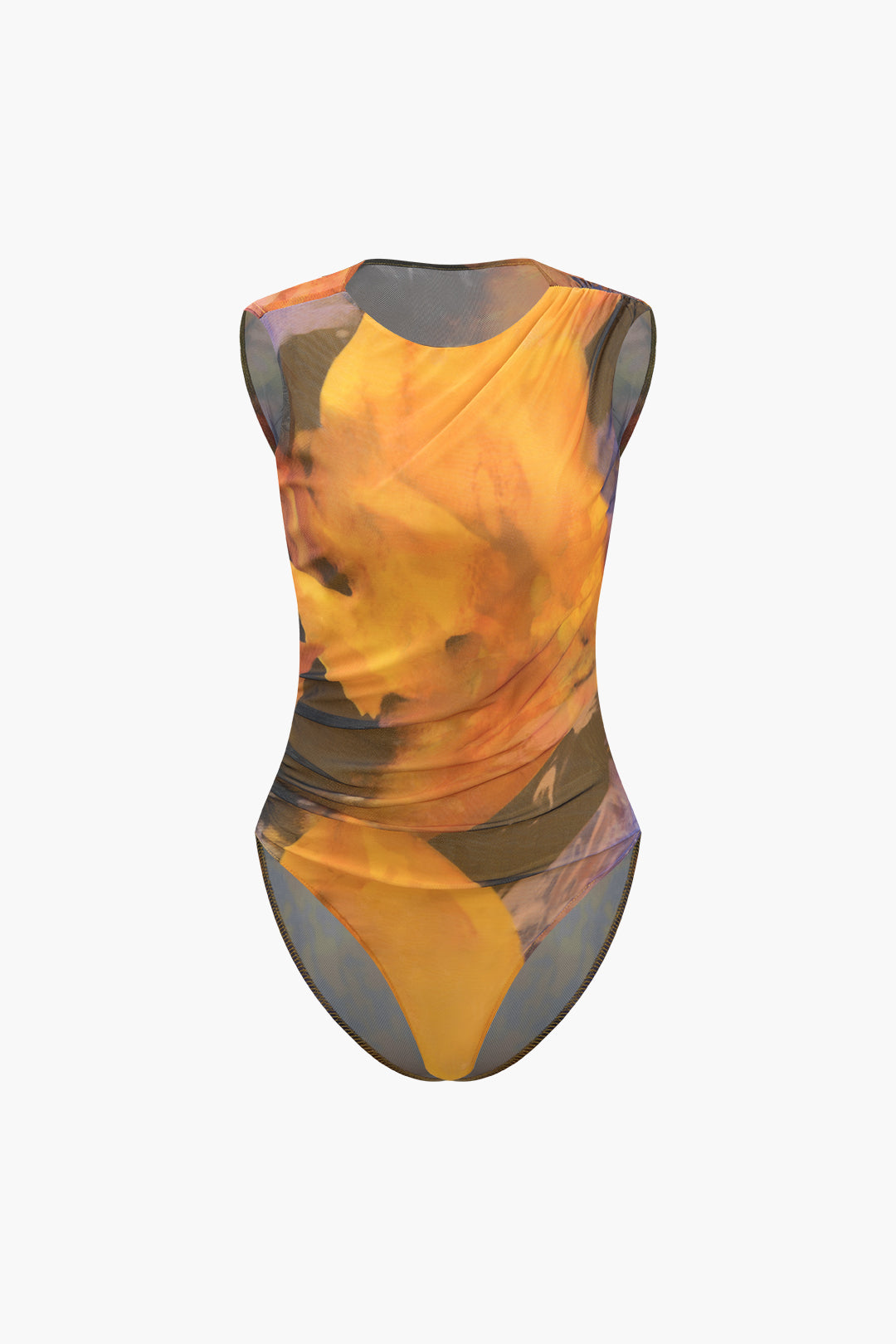 Abstract Print Mesh Ruched Bodysuit
