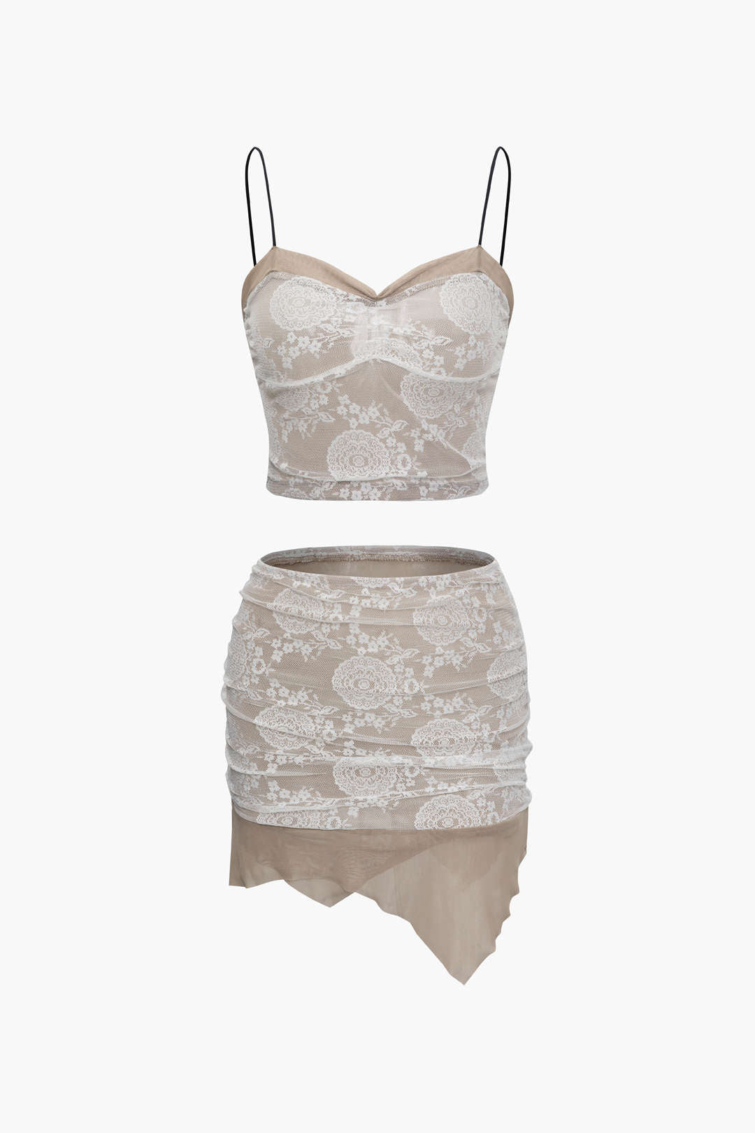 Mesh & Floral Lace Cami Top And Mini Skirt Set