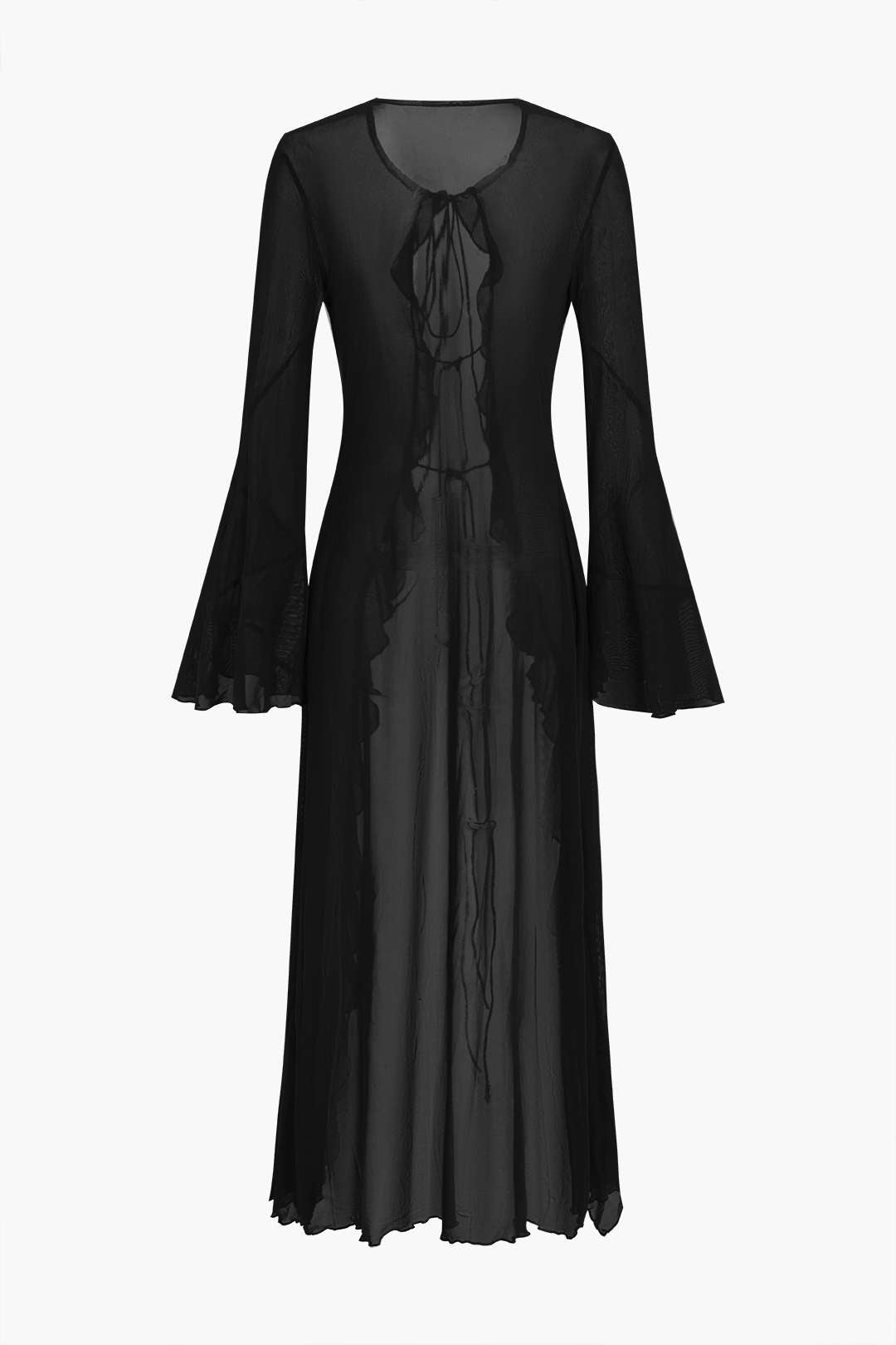 Sheer Mesh Tie Front Bell Sleeve Long Cover Up Dress